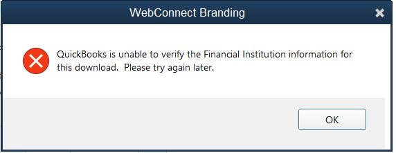 QB unable to verify Financial Institution
