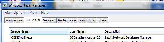 QuickBooks Database Server Manager Service under Task Manager