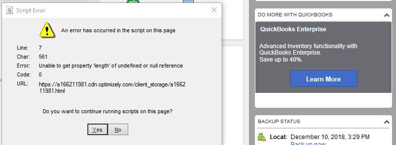 QuickBooks Script Error is Undefined