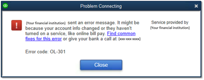 QuickBooks not syncing with bank error OL-301
