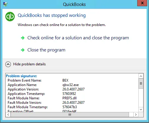 error BEX in QuickBooks