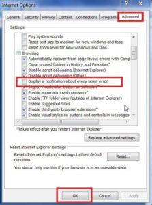 Display a notification about every script error Internet Explorer