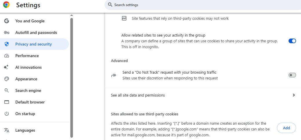 Sites allowed to use third-party cookies