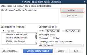 combine reports from multiple companies add files
