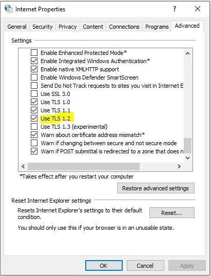 Keep TLS 1.2 Checked