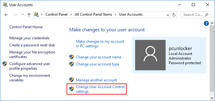 Account Control settings