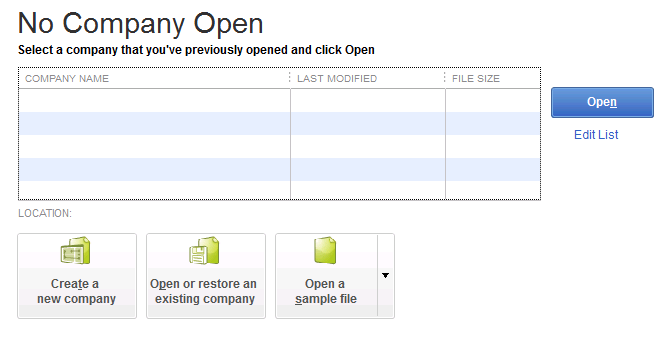QuickBooks No Company Open Screen