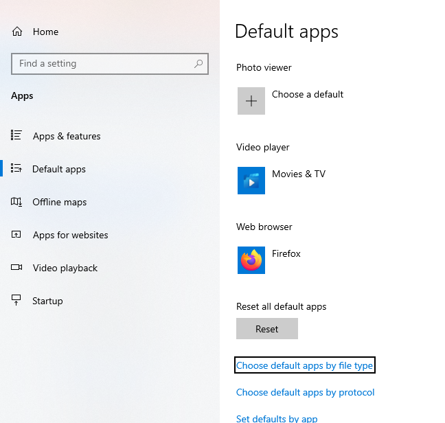 Choose default apps by file type