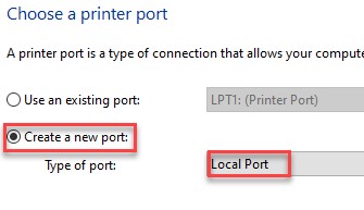 Create a New Port and add a new printer