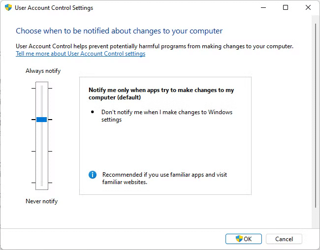 Change user account control settings