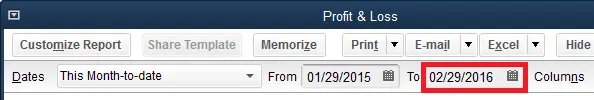 QuickBooks Profit & Loss Window