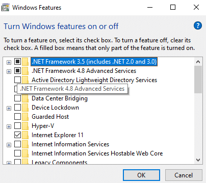 Turn Windows features on or off
