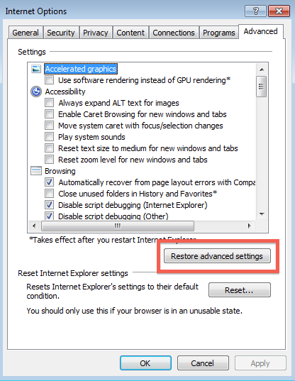 Reinstate the Advanced Settings in Internet Explorer