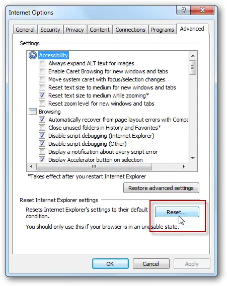 Reset Internet Explorer Settings