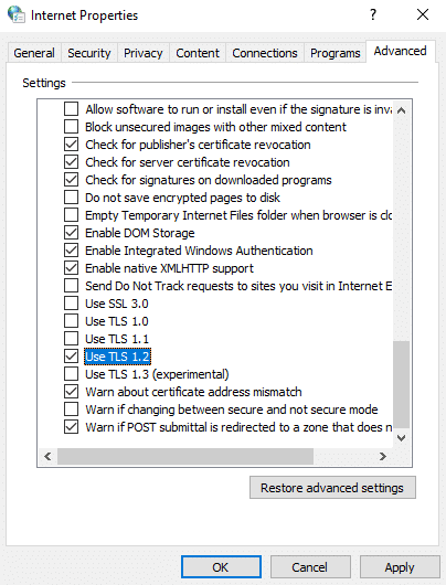 Restore Advanced Settings