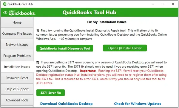 Installation Issues Tab in the QB Tool Hub