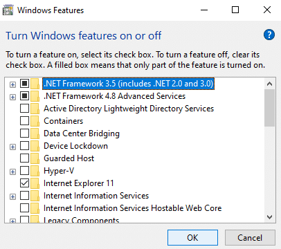 Turn Windows features on or off