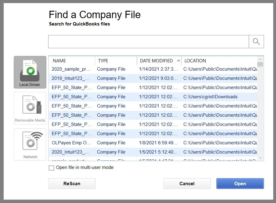 Locate the QuickBooks Company File