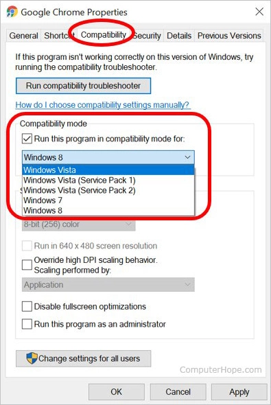 Switching the Windows Compatibility Mode Off