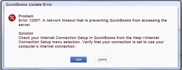 QuickBooks update error 12007