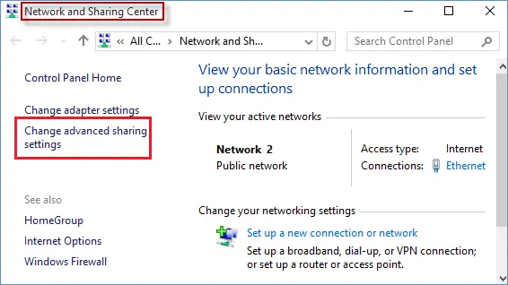 Windows Network and Sharing Center