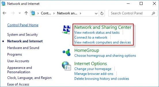 Network and Sharing Center