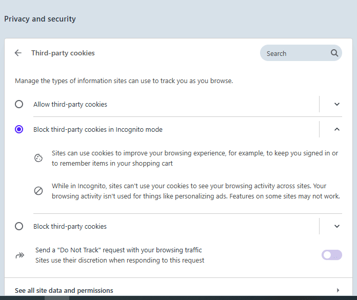 Select the Third-party cookies option