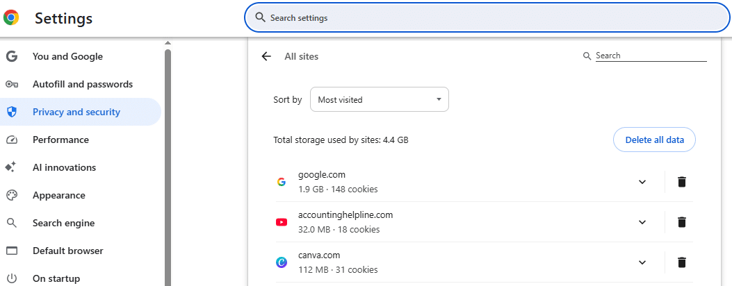 See all site data and permissions