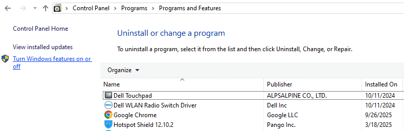 Turn Windows features on or off