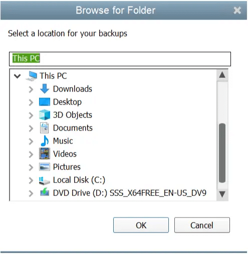 Browse and pick a folder to store the backup