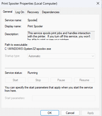 Print Spooler service Properties
