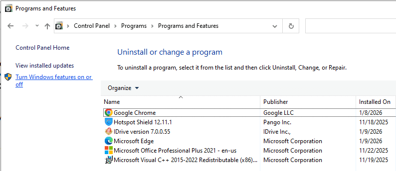 Turn Windows features on or off