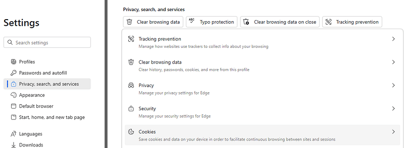 Privacy, search, and services tab